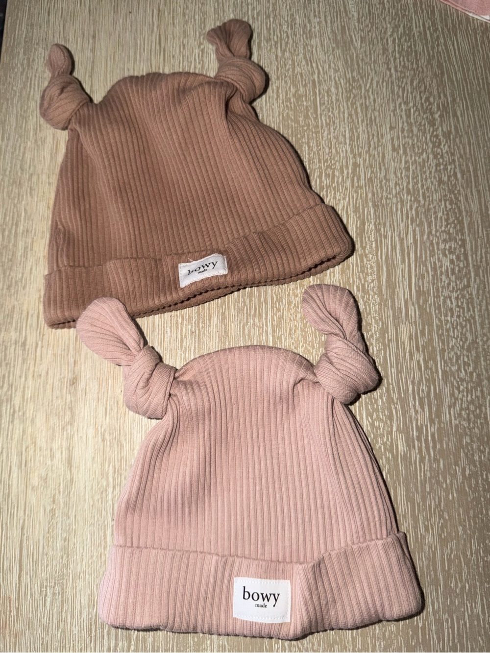 Two Bowy Made Baby Ribbed Knot Hats- Pink and Brown
